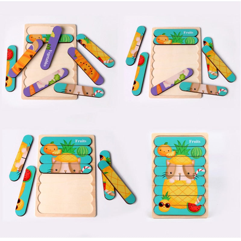 Kid Brain Wooden Toy Double-sided 3D Strip Animal Puzzle Telling Stories Stacking Jigsaw Montessori Educational Toy for Children