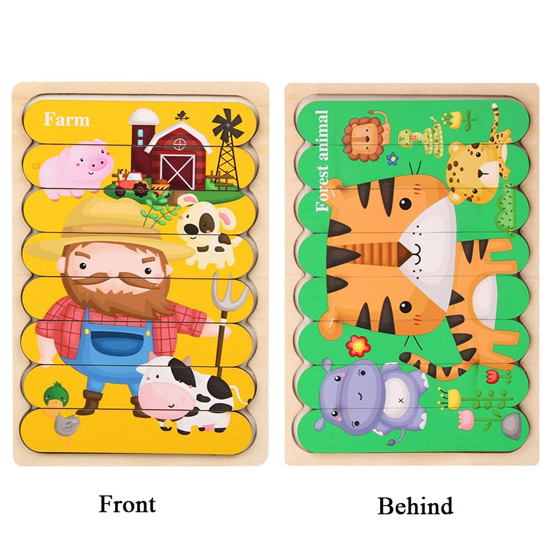 Kid Brain Wooden Toy Double-sided 3D Strip Animal Puzzle Telling Stories Stacking Jigsaw Montessori Educational Toy for Children