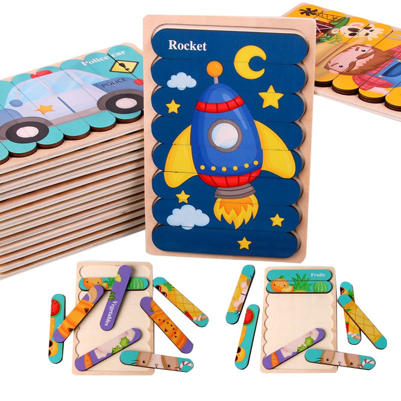 Kid Brain Wooden Toy Double-sided 3D Strip Animal Puzzle Telling Stories Stacking Jigsaw Montessori Educational Toy for Children