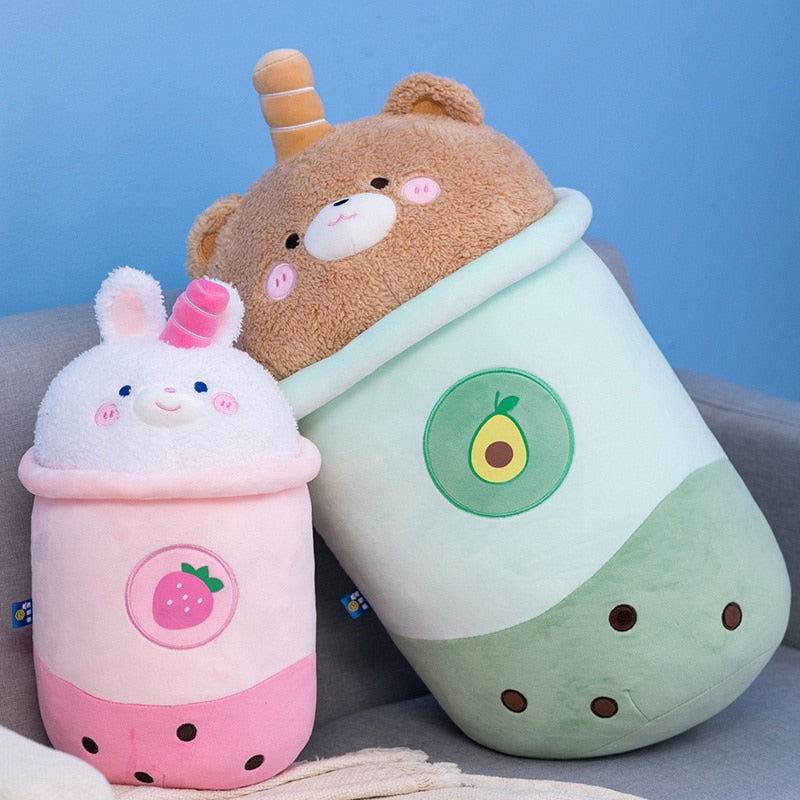 Adorable Cartoon Animals Boba Tea Plush Toy Stuffed Avocado Brown Bear Pink Strawberry Bunny Milk Tea Cup Toy Big Hug Pillow Toy