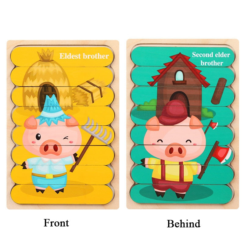 Kid Brain Wooden Toy Double-sided 3D Strip Animal Puzzle Telling Stories Stacking Jigsaw Montessori Educational Toy for Children