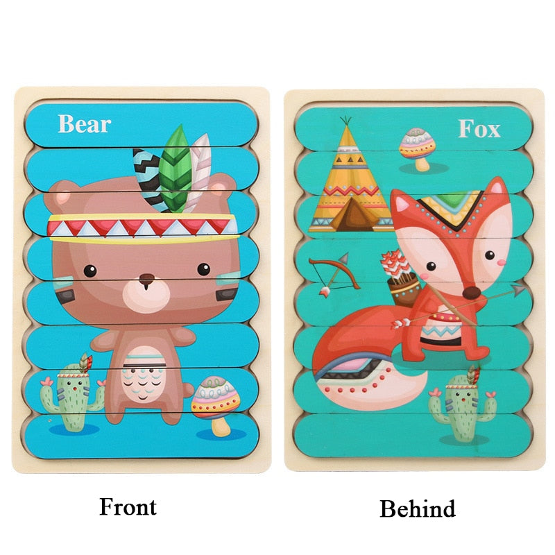 Kid Brain Wooden Toy Double-sided 3D Strip Animal Puzzle Telling Stories Stacking Jigsaw Montessori Educational Toy for Children