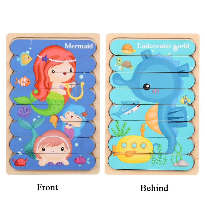 Kid Brain Wooden Toy Double-sided 3D Strip Animal Puzzle Telling Stories Stacking Jigsaw Montessori Educational Toy for Children