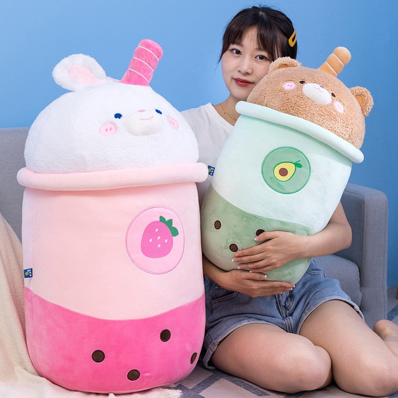 Adorable Cartoon Animals Boba Tea Plush Toy Stuffed Avocado Brown Bear Pink Strawberry Bunny Milk Tea Cup Toy Big Hug Pillow Toy