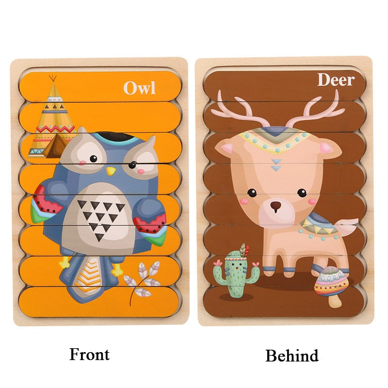 Kid Brain Wooden Toy Double-sided 3D Strip Animal Puzzle Telling Stories Stacking Jigsaw Montessori Educational Toy for Children