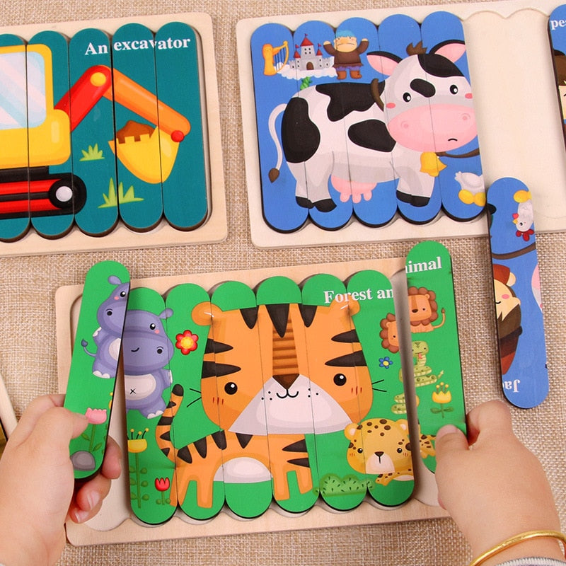 Kid Brain Wooden Toy Double-sided 3D Strip Animal Puzzle Telling Stories Stacking Jigsaw Montessori Educational Toy for Children