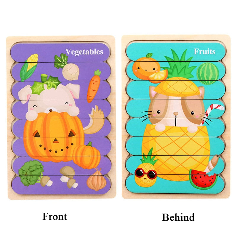 Kid Brain Wooden Toy Double-sided 3D Strip Animal Puzzle Telling Stories Stacking Jigsaw Montessori Educational Toy for Children