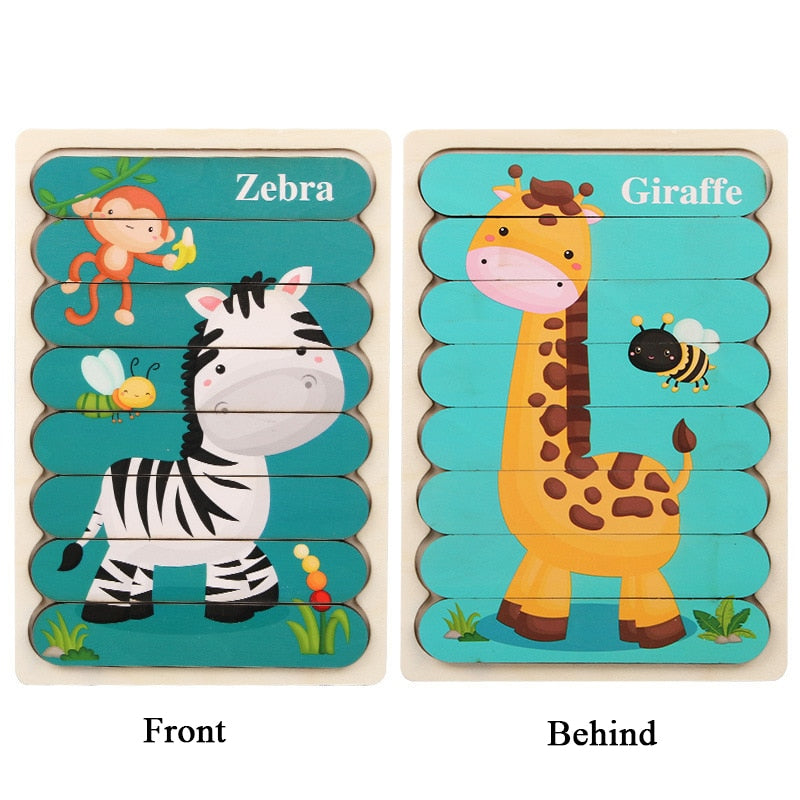 Kid Brain Wooden Toy Double-sided 3D Strip Animal Puzzle Telling Stories Stacking Jigsaw Montessori Educational Toy for Children