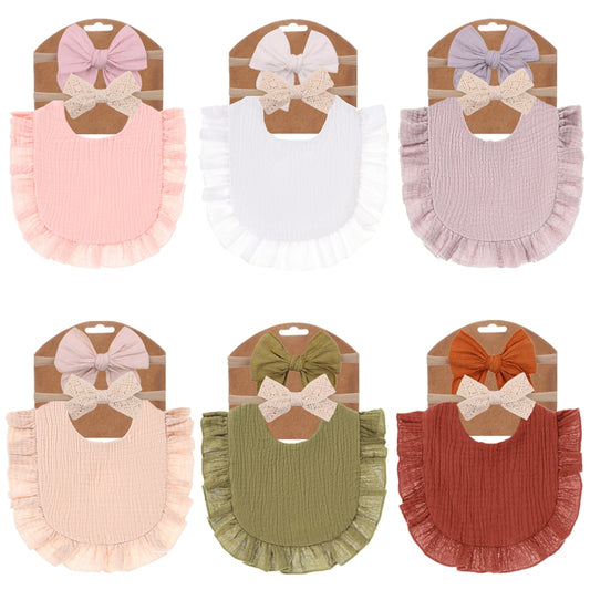 3Pcs/Set New Baby Muslin Bibs with Headbands Set Newborn Drool Cotton Gauze Solid Saliva Towel Infant Scarf Flounce Burp Cloth