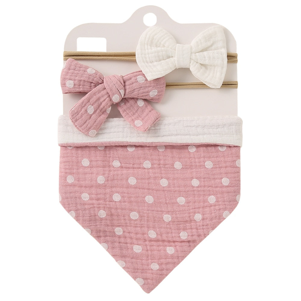 3Pcs/Set Muslin Cotton Baby Bib Newborn Bows Headband Triangle Print Saliva Towel Infant Boy Girl Feeding Burp Cloth Shower Gift