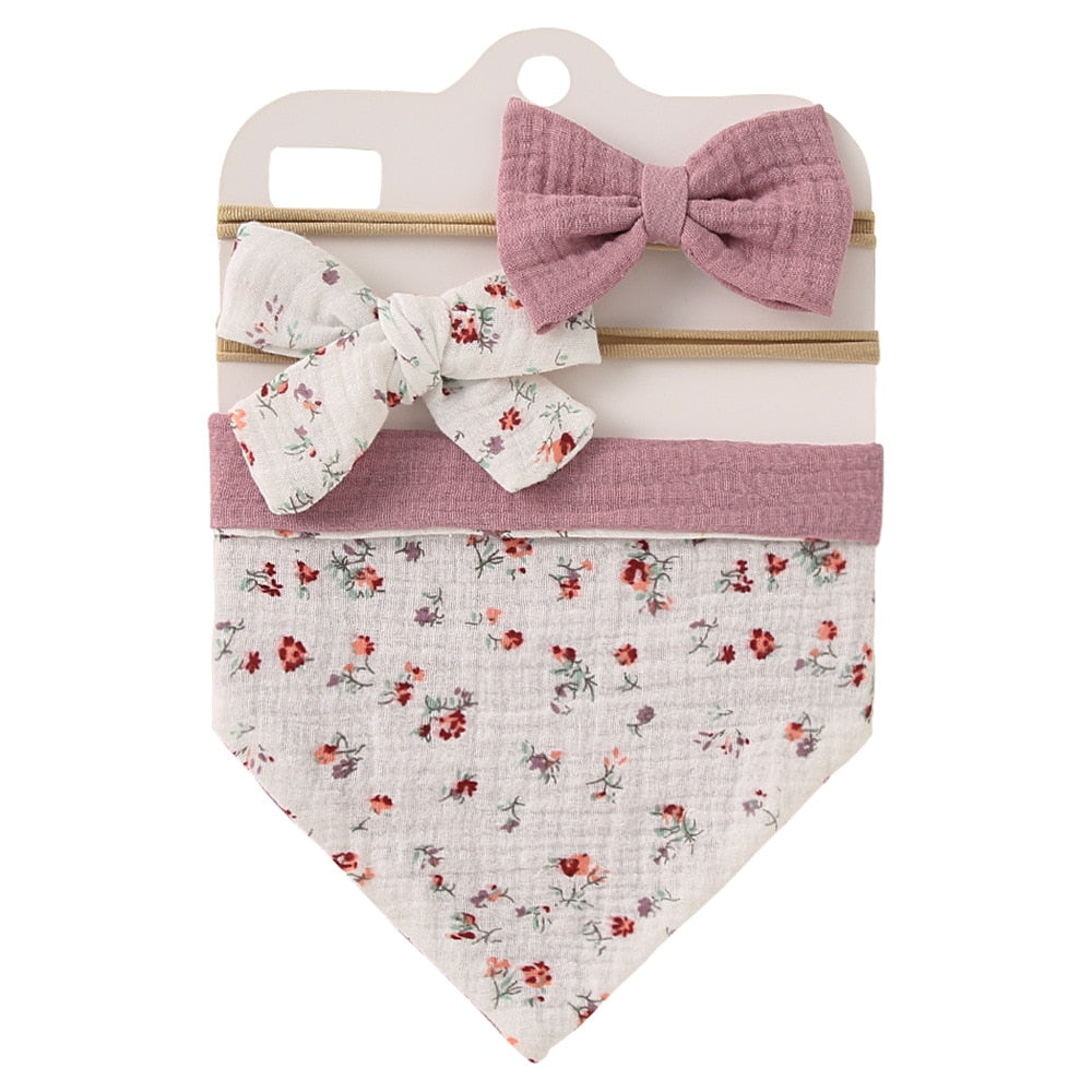 3Pcs/Set Muslin Cotton Baby Bib Newborn Bows Headband Triangle Print Saliva Towel Infant Boy Girl Feeding Burp Cloth Shower Gift