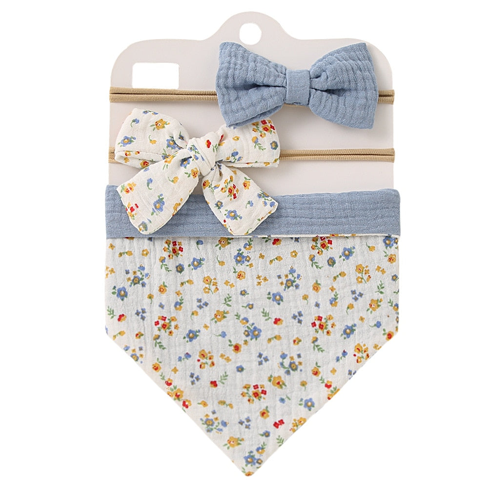 3Pcs/Set Muslin Cotton Baby Bib Newborn Bows Headband Triangle Print Saliva Towel Infant Boy Girl Feeding Burp Cloth Shower Gift