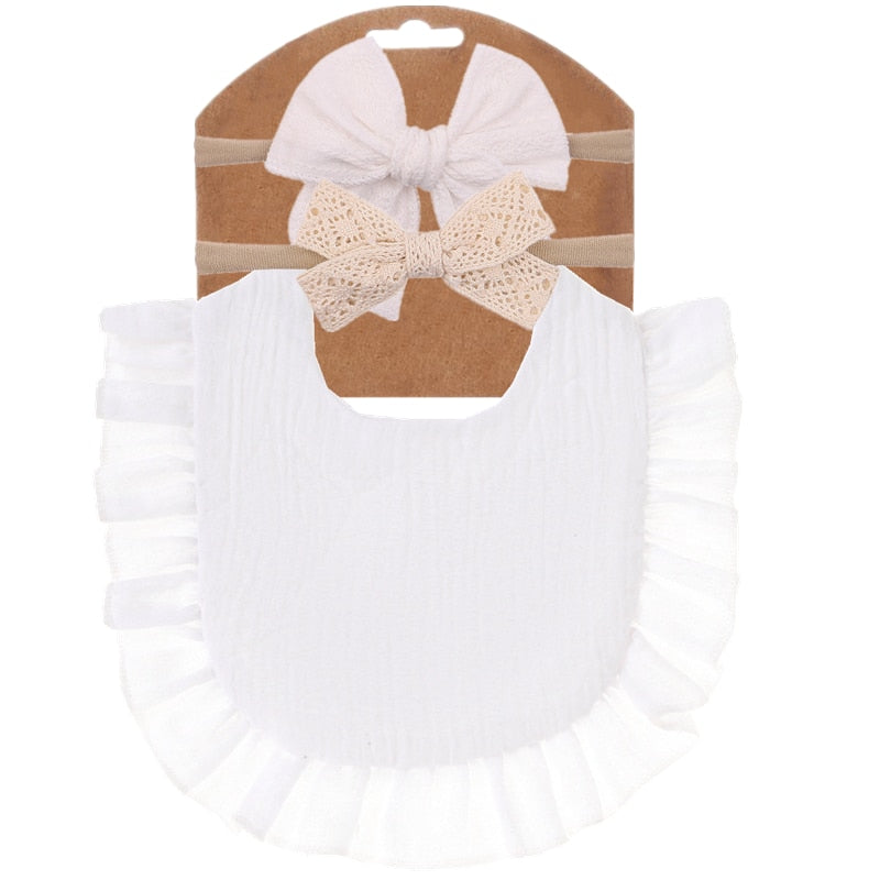 3Pcs/Set New Baby Muslin Bibs with Headbands Set Newborn Drool Cotton Gauze Solid Saliva Towel Infant Scarf Flounce Burp Cloth